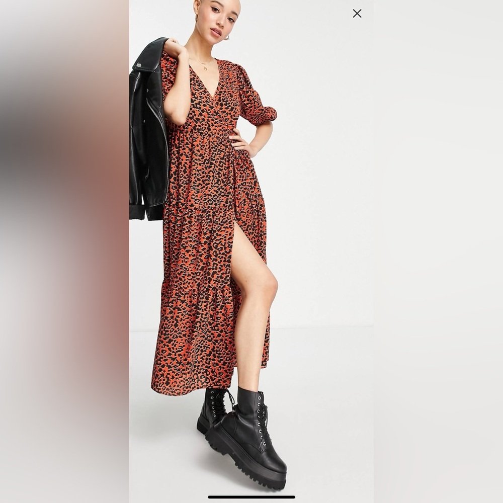 ASOS wrap front tiered smock midi dress in red animal print - Picture 5 of 7